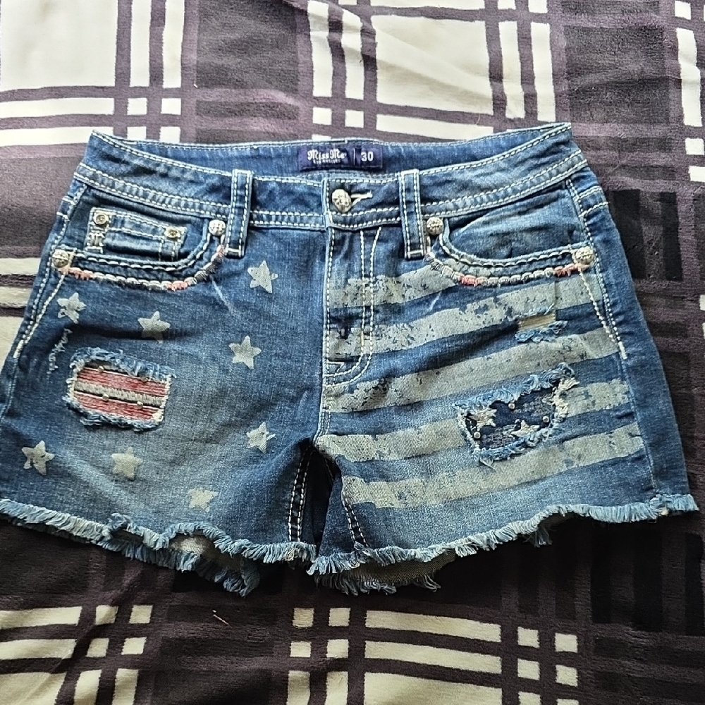 Miss Me Blue Jean Shorts with Star and Stripe Design